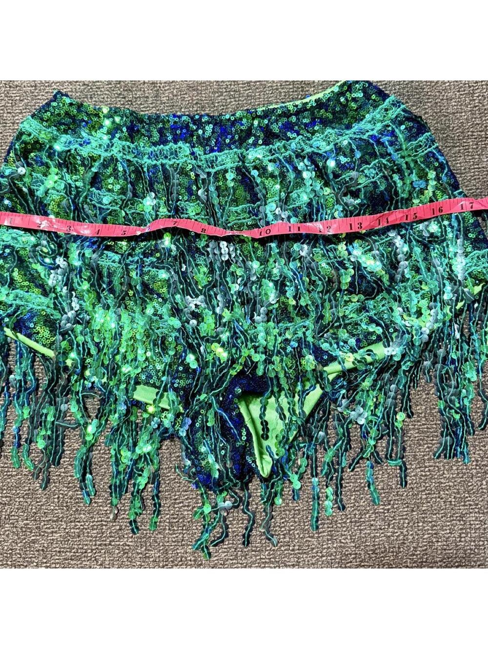 Green Sequin Fringe Shorts S Mermaid Rave Halloween NYE Hot Pants - Picture 7 of 8